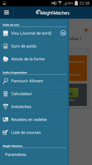 Le menu de l'application mobile